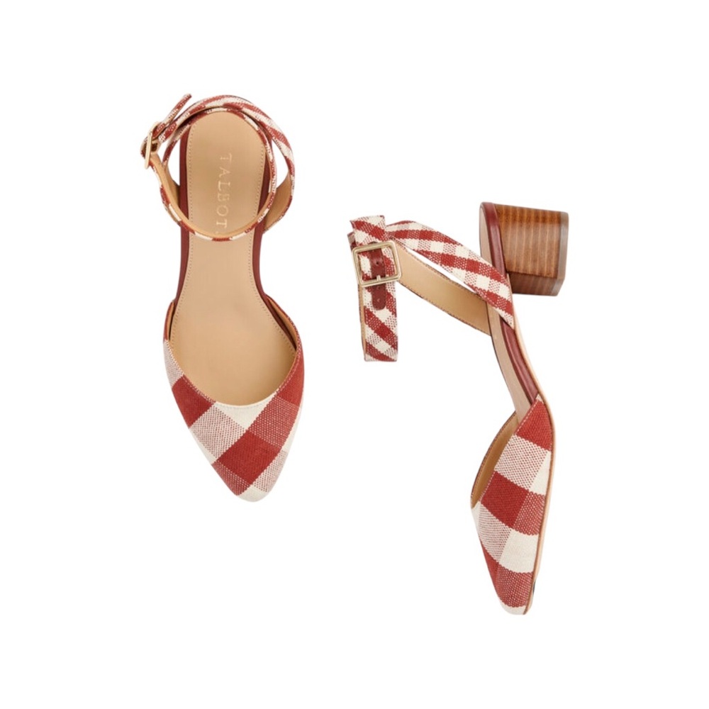 Talbots.  Women’s Laney Ankle Strap Gingham Red Ivory Print Block Heels 8M